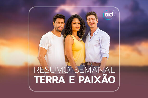 Cauã Reymond, Barbara Reis e Jhonny Massaro na arte de divulgação do resumo semanal da novela Terra e Paixão, da TV Globo