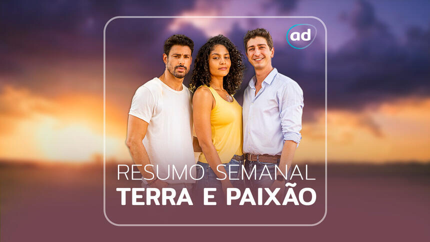 Cauã Reymond, Barbara Reis e Jhonny Massaro na arte de divulgação do resumo semanal da novela Terra e Paixão, da TV Globo
