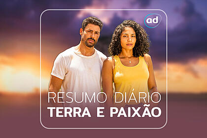 Cauã Reymond e Barbara Reis na arte de divulgação do resumo diário da novela Terra e Paixão, da TV Globo