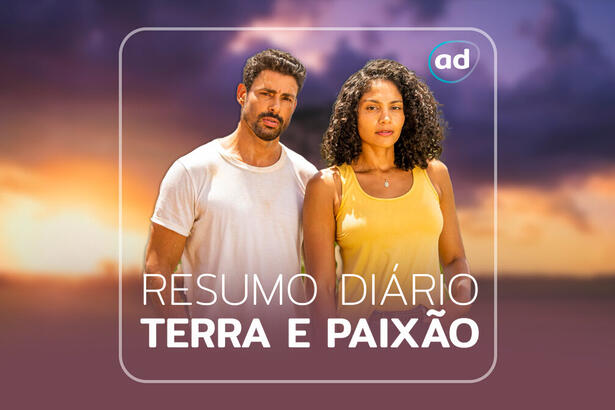 Cauã Reymond e Barbara Reis na arte de divulgação do resumo diário da novela Terra e Paixão, da TV Globo