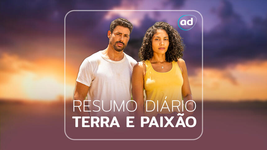 Cauã Reymond e Barbara Reis na arte de divulgação do resumo diário da novela Terra e Paixão, da TV Globo