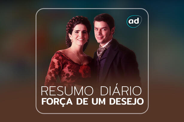 Arte gráfica do resumo diário da novela Força de Um Desejo no viva com a protagonista da história Ester (Malu Mader)