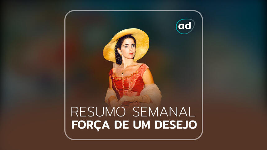 Arte gráfica do resumo semanal da novela Força de Um Desejo no viva com a protagonista da história Ester (Malu Mader)