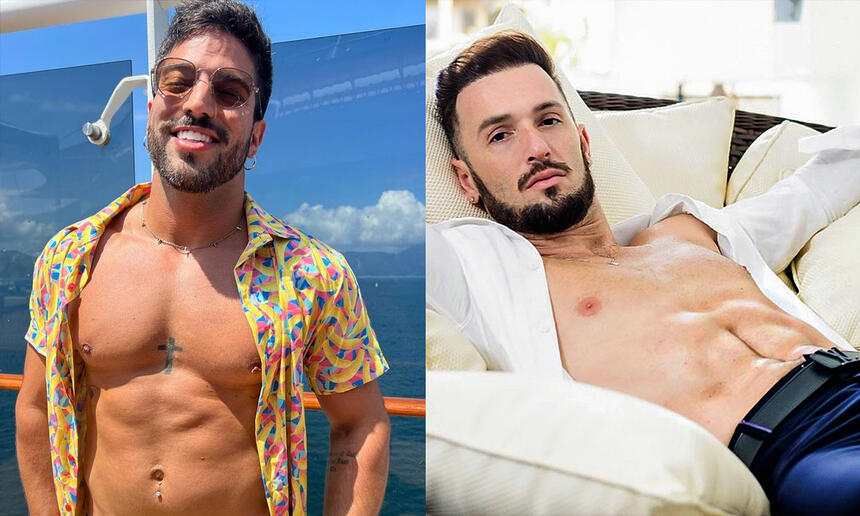 Ricardo Villardo de óculos de sol, sorrindo, com camisa estampa colorida; Diego Hypolito de camisa social branca, deitado, durante ensaio sensual