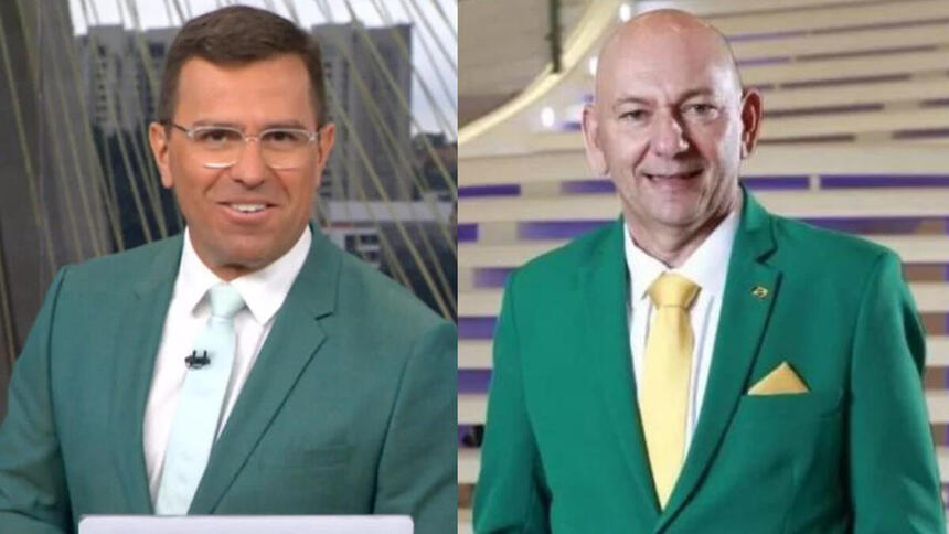 Rodrigo Bocardi e Luciano Hang em uma montagem, ambos com terno verde