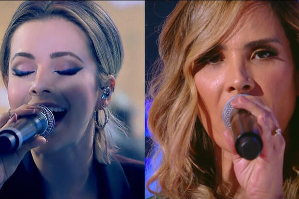 Sandy e Wanessa Camargo cantando juntas no palco do Domingão com Luciano Huck