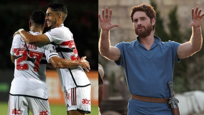 Jogadores do São Paulo comemorando gol pela Sul-Americana, em montagem com Cirillo Luna, como Davi, em trecho da série Reis
