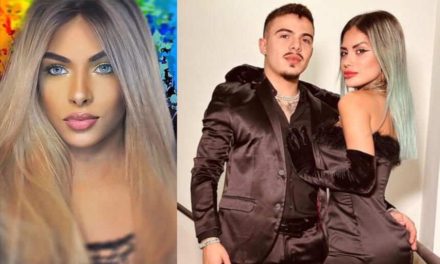 Imagem 1: Sophia Barclay de camisa preta, lente de contato azul e lace loira; Thomaz Costa e Tati Zaqui de look preto abraçados para foto