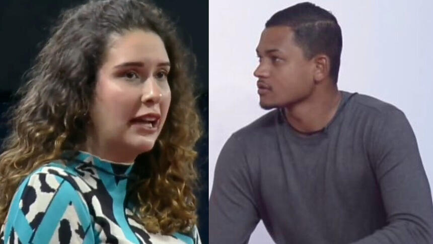 Stephanie Gomes e Gabriel Roza em trechos da discussão na atividade de apontamento no A Grande Conquista