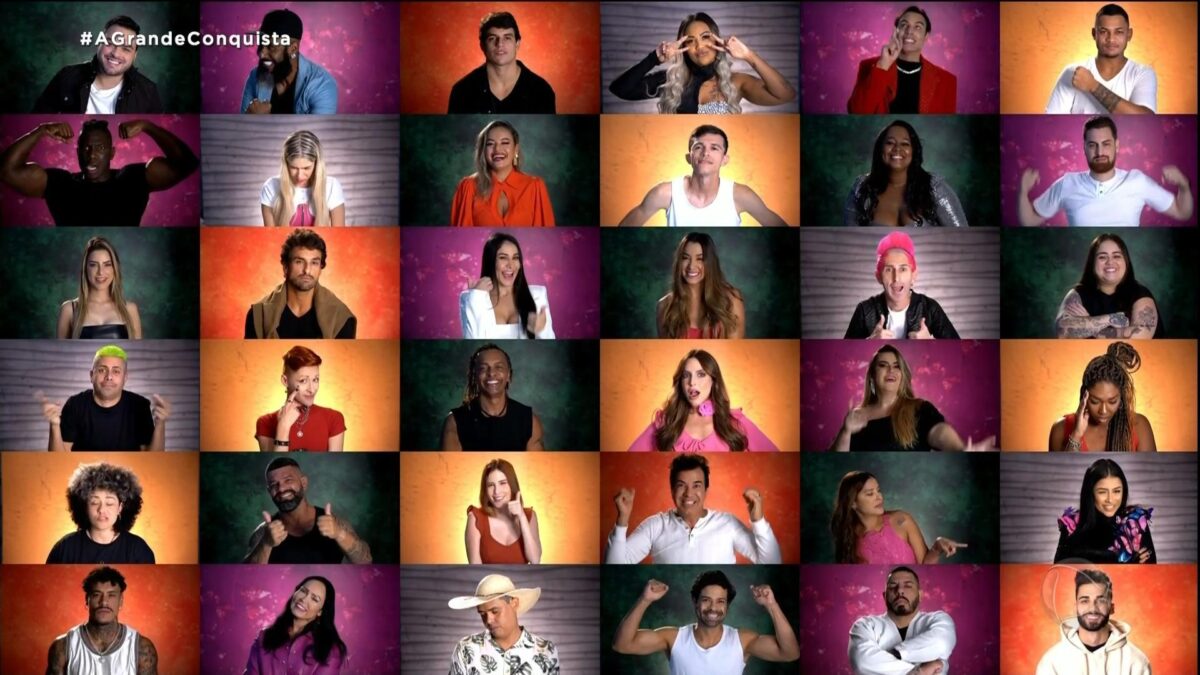 Elenco A Grande Conquista num mosaico printado da TV