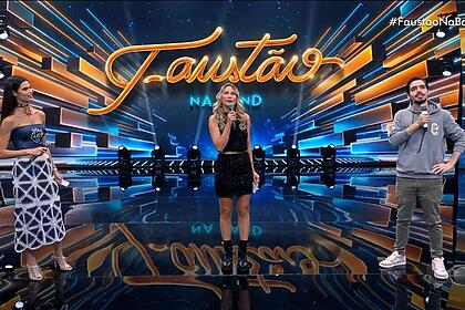 João Guilherme Silva, Carol Mendes e Anne Lottermann no palco do Faustão Na Band