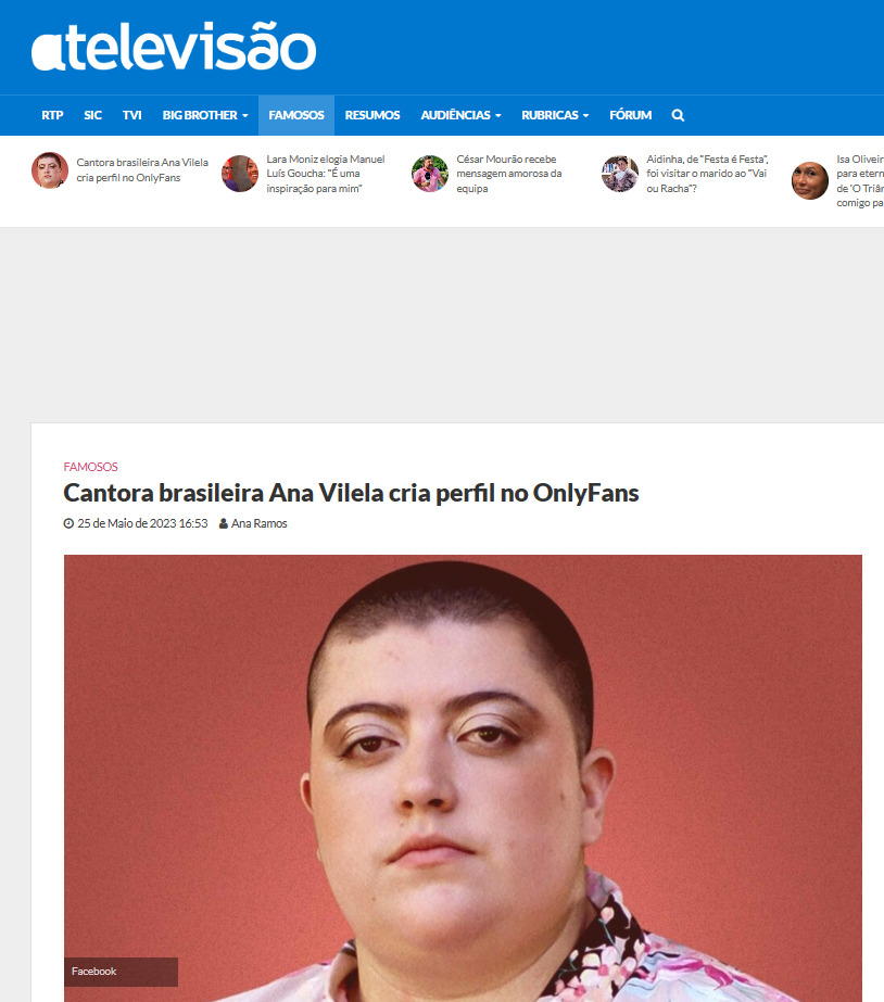 Print do site A Televisão de Portugal com notícia sobre Ana Vilela ter criado um perfil no OnlyFans
