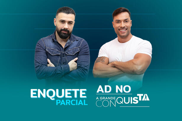 Bruno Tálamo e Bruno Camargo na arte de enquete da Zona de Risco no A Grande Conquista