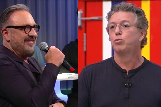 Montagem com Rodrigo Carelli no cenário da coletiva de imprensa de A Grande Conquista e Boninho dentro da casa do BBB fazendo bico