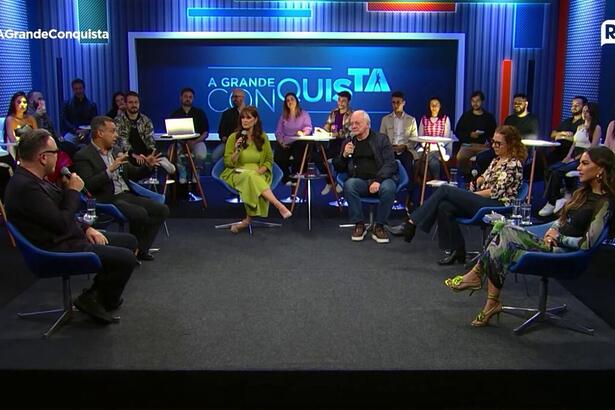 Cenário da coletiva de imprensa do A Grande Conquista na Record TV