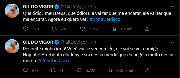 Twitter de Gil do Vigor defendendo sua irmã Janielle