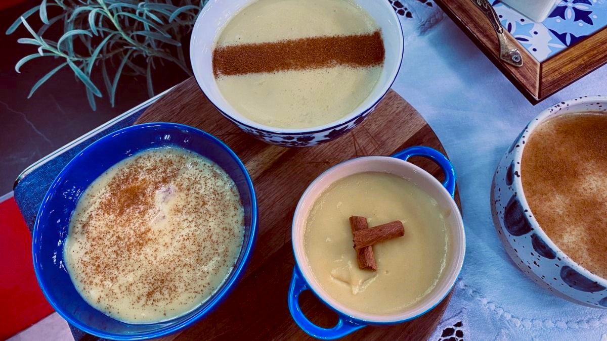 Leite Creme da Ana Maria Braga pronto no prato, no cenário do Mais VocÊ