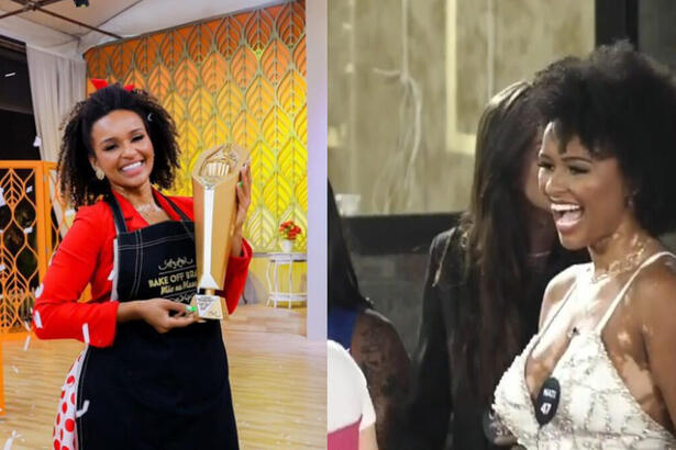 Montagem com Natália Deodato segurando o Troféu do Bake Off Brasil e ao lado de vestido branco na Vila do A Grande Conquista