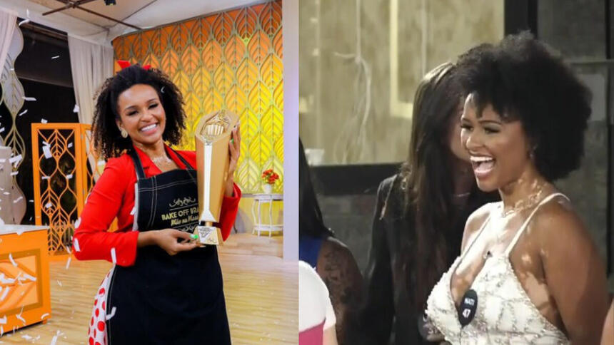 Montagem com Natália Deodato segurando o Troféu do Bake Off Brasil e ao lado de vestido branco na Vila do A Grande Conquista