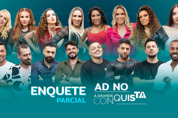 Arte da parcial da enquete com os 16 famosos que disputam 10 vagas na Mansão do A Grande Conquista da Record TV