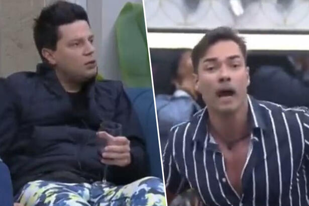 Thiago Servo sentado no sofá discutindo com Bruno Camargo na sala do A Grande Conquista