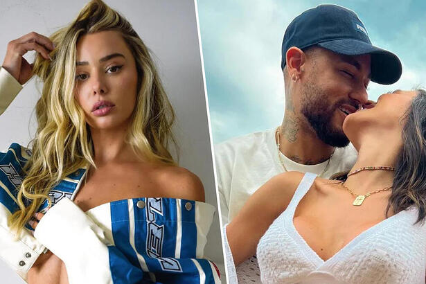 Celeste Bright, em montagem com uma foto de Neymar e Bruna Biancardi se abraçando