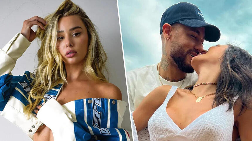 Celeste Bright, em montagem com uma foto de Neymar e Bruna Biancardi se abraçando