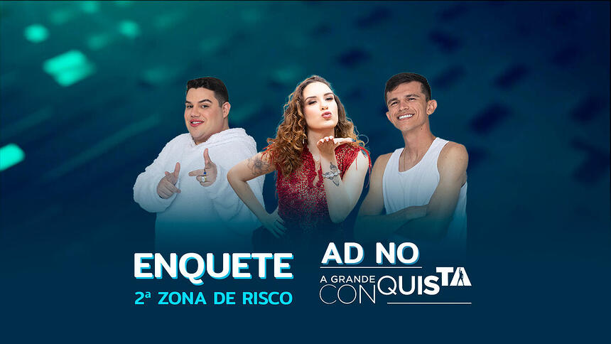 Erick, Stephanie Gomes e Tiago Dionísio na arte da enquete da 2ª Zona de Risco do A Grande Conquista