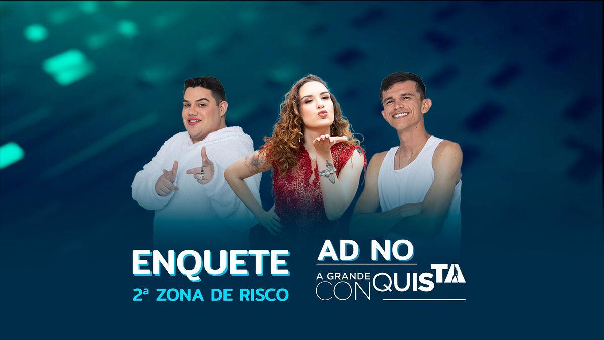 Erick, Stephanie Gomes e Tiago Dionísio na arte da enquete da 2ª Zona de Risco do A Grande Conquista