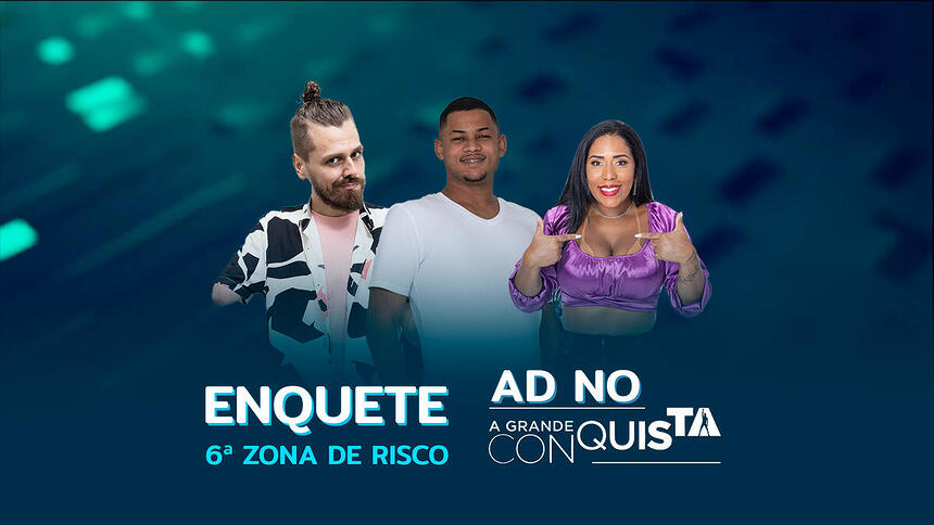 Daniel Toko, Gabriel Roza e Janielle Nogueira na arte de divulgação da enquete do A Grande Conquista