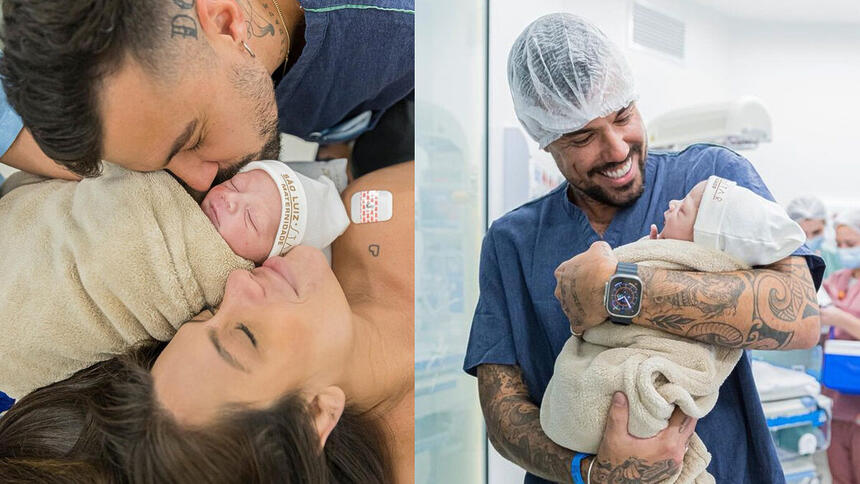 Lipe Ribeiro posando ao lado de Andressa Castorino e do filho no hospital