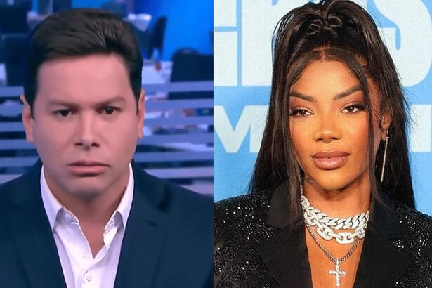 Imagem 1: Marcão do Povo com semblante sério, triste, de paletó e gravata em estúdio; Imagem 2: Ludmilla de blazer brilhoso preto, cabelo liso, preso, com colar de brilhantes em premiação