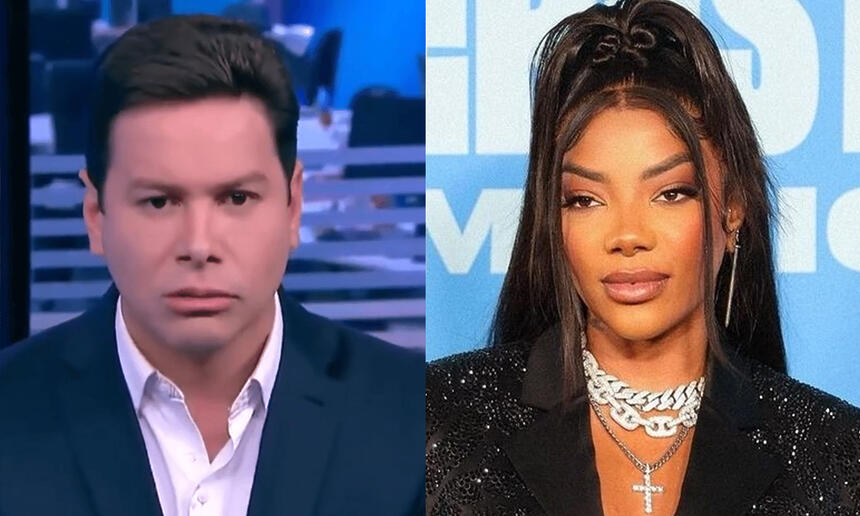 Imagem 1: Marcão do Povo com semblante sério, triste, de paletó e gravata em estúdio; Imagem 2: Ludmilla de blazer brilhoso preto, cabelo liso, preso, com colar de brilhantes em premiação