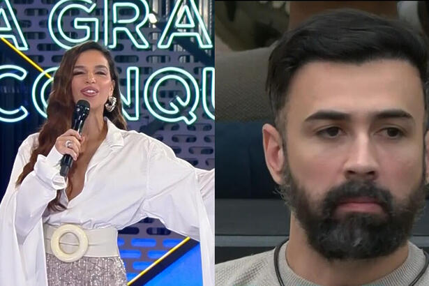 Montagem com Mariana Rios abrindo os braços no início do A Grande Conquista desta quinta. Na segunda imagem, Bruno Tálamo fica surpreso com a pergunta da apresentadora