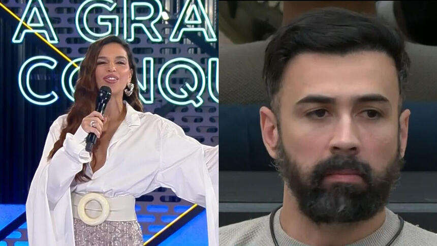 Montagem com Mariana Rios abrindo os braços no início do A Grande Conquista desta quinta. Na segunda imagem, Bruno Tálamo fica surpreso com a pergunta da apresentadora