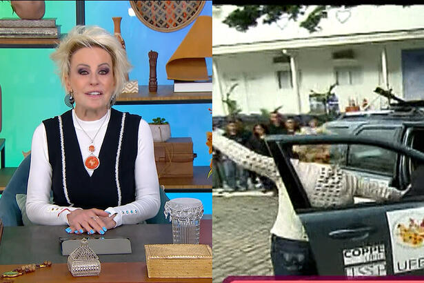 Ana Maria Braga no cenário do Mais Você. Na segunda imagem ela leva uma pancada do carro autônomo que a derruba no chão