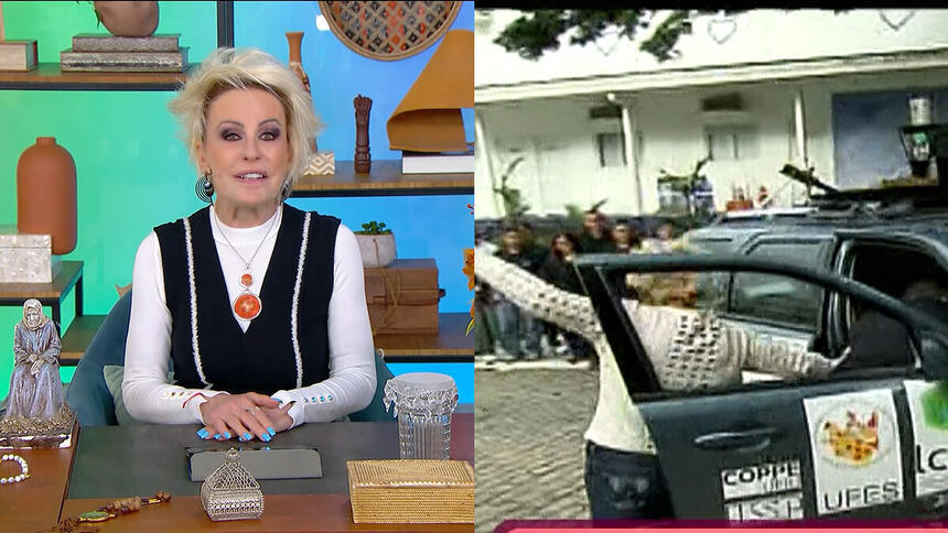 Ana Maria Braga no cenário do Mais Você. Na segunda imagem ela leva uma pancada do carro autônomo que a derruba no chão