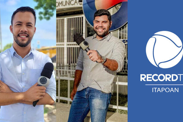 Montagem com os repórteres da TV Guararapes, Gedson Pontes e Alex Silvestre, com o logo da Record TV Itapoan