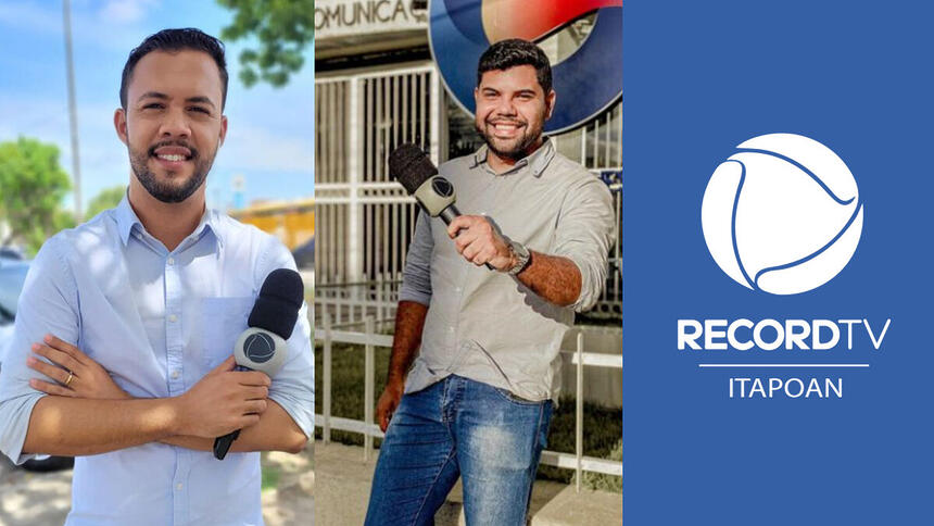 Montagem com os repórteres da TV Guararapes, Gedson Pontes e Alex Silvestre, com o logo da Record TV Itapoan