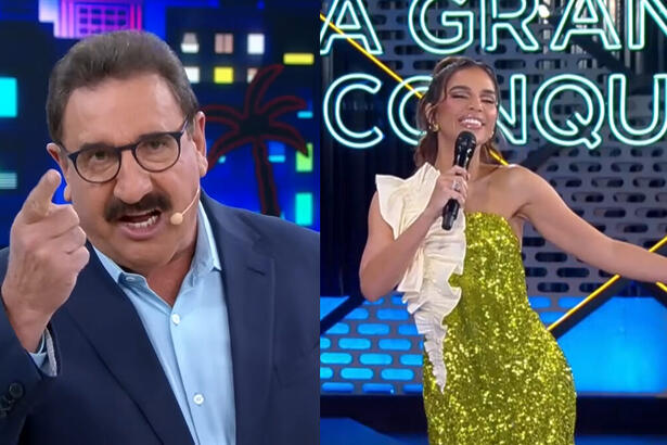 Montagem com Ratinho levantando o dedo no SBT e Mariana Rios na abertura do A Grande Conquista desta terça-feira, 20/06/2023