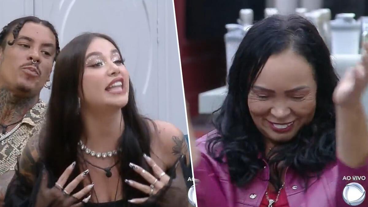 Victoria Macan coloca as mãos no busto enquanto discute com Sandra Melquiades que bate palmas