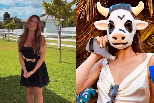 Nicole Bahls de vestido preto, na fazenda, apresentando sua nova vaca; Imagem 2: Camila Queiroz com máscara de vaca