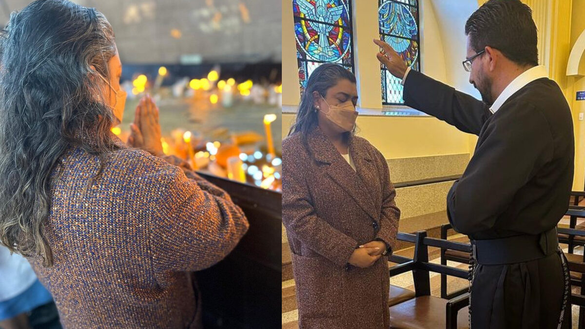 Preta Gil durante visita no Santuário de Aparecida e recebendo a benção do padre
