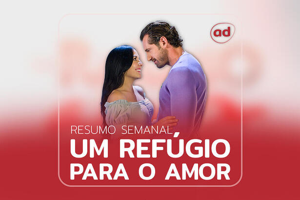 Luciana (Zuria Vega) e Rodrigo (Gabriel Soto) na arte de divulgação do resumo da semana da novela Refúgio Para um Amor