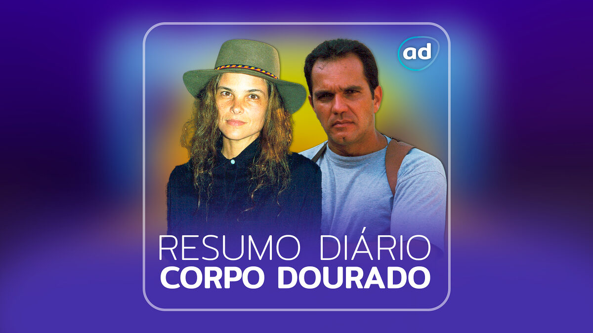 Arte de divulgação do resumo diário da novela Corpo Dourado, exibida no canal Viva