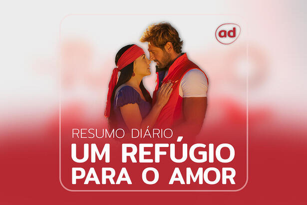 Luciana (Zuria Vega) e Rodrigo (Gabriel Soto) na arte de divulgação do resumo da novela Refúgio Para um Amor