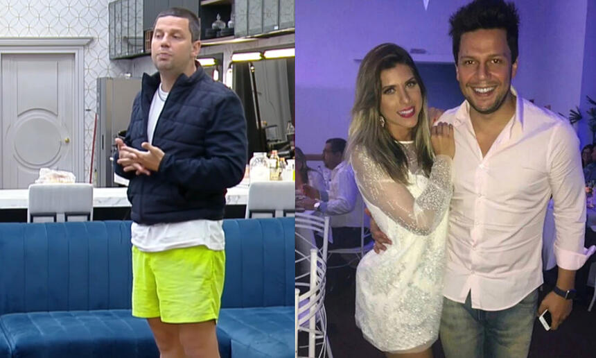 Thiago Servo em pé, de camisa manga longa azul e short verde; Imagem 2: Thiago Servo de camisa social branca abraçado com Ana Paula Minerato