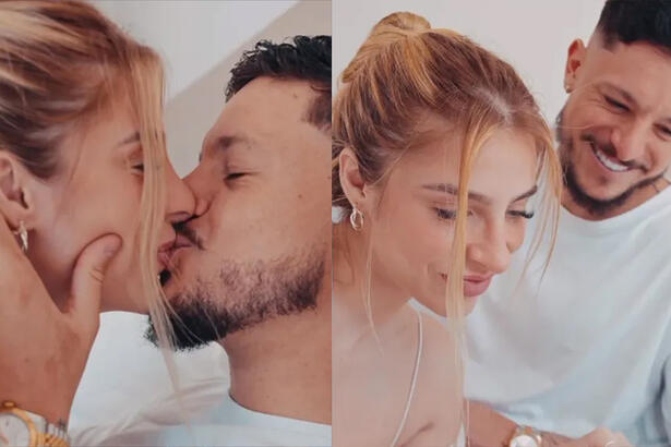 Imagem 1: Vitória Bellato e Lucas Crispim se beijando; Imagem 2: Vitória Bellato e Lucas Crispim olhando um teste de gravidez