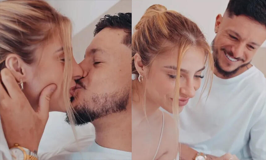 Imagem 1: Vitória Bellato e Lucas Crispim se beijando; Imagem 2: Vitória Bellato e Lucas Crispim olhando um teste de gravidez