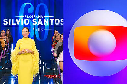 Montagem com Patrícia Abravanel de vestido amarelo no palco do Programa Silvio Santos e o logo da TV Globo